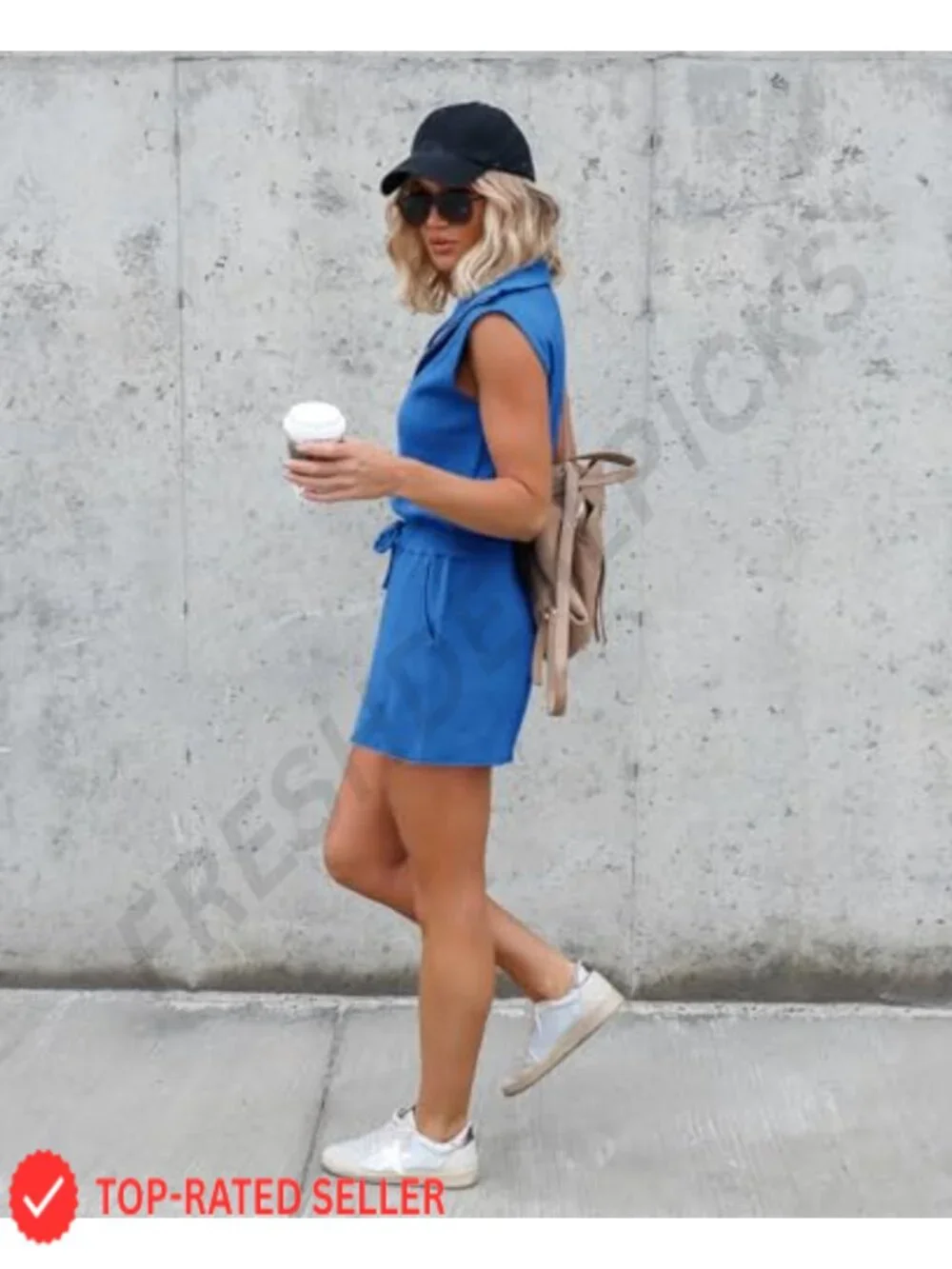Women's Sleeveless Knit Romper Half Zip Lapel Collar Drawstring Summer Jumpsuit